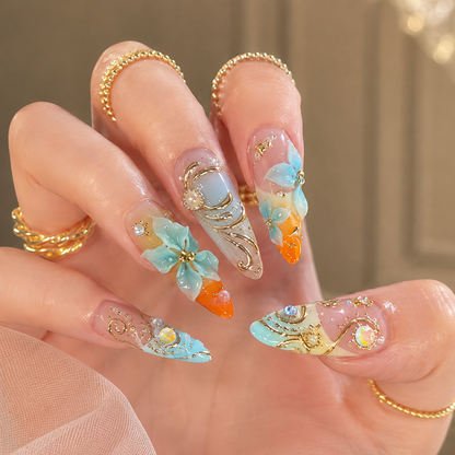 Sunset Blue Floral Style 2 press-on nails