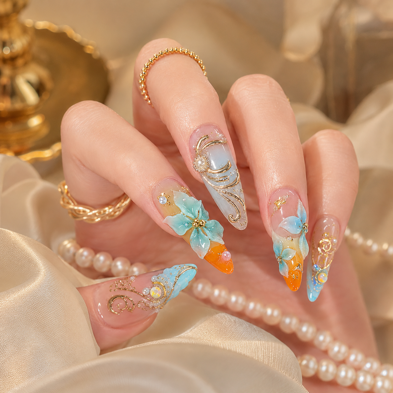 Sunset Blue Floral Style 2 press-on nails