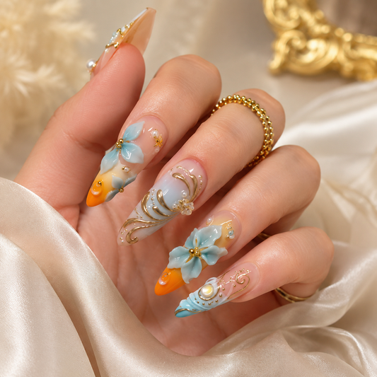 Sunset Blue Floral Press-On Nails front view