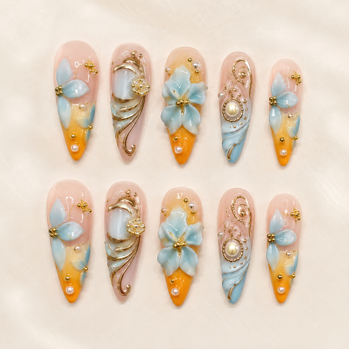 Sunset Blue Floral Press-On Nails side view
