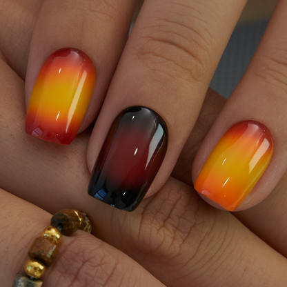 Sunset Flame medium squoval nail detail