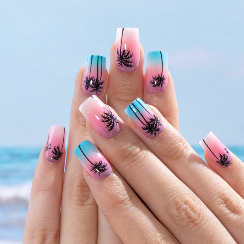 Sunset Palm M Square medium square press-on nails