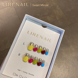 Lirenail Sweet Mirror press-on nails packaging with chrome silver base and colorful heart pattern