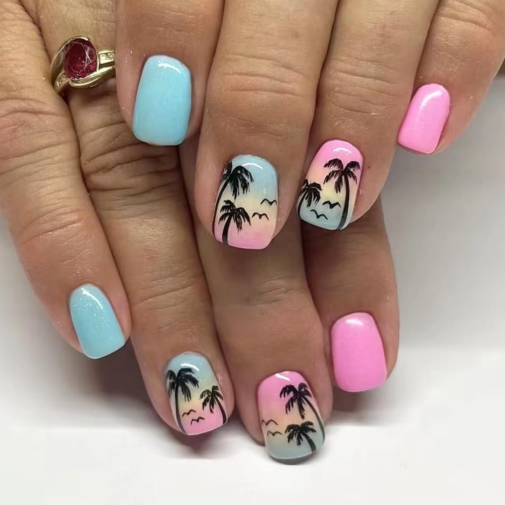 Tropical Sunset S Squoval short squoval press-on nails