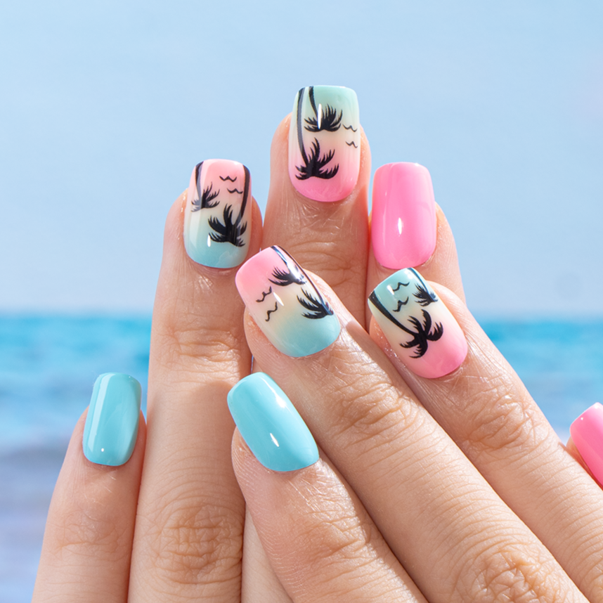 Tropical Sunset S Squoval short squoval press-on nails