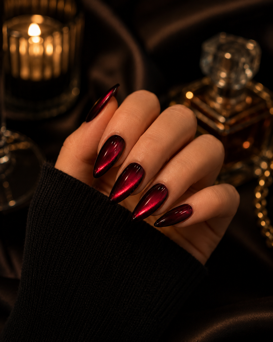 Velvet Merlot Cat Eye long almond cat-eye nail detail