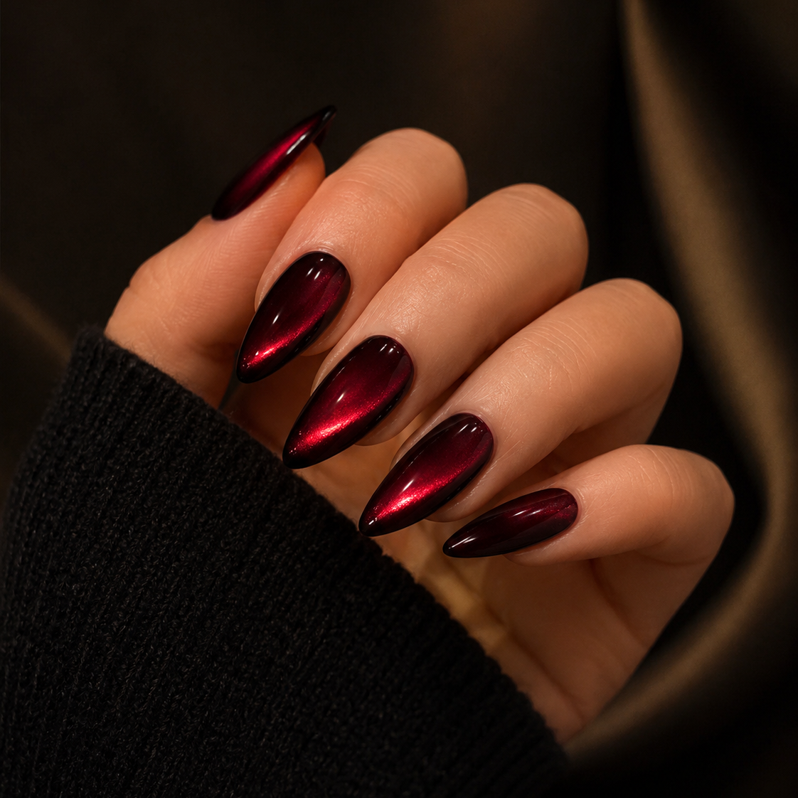 Velvet Merlot Cat Eye long almond press-on nails