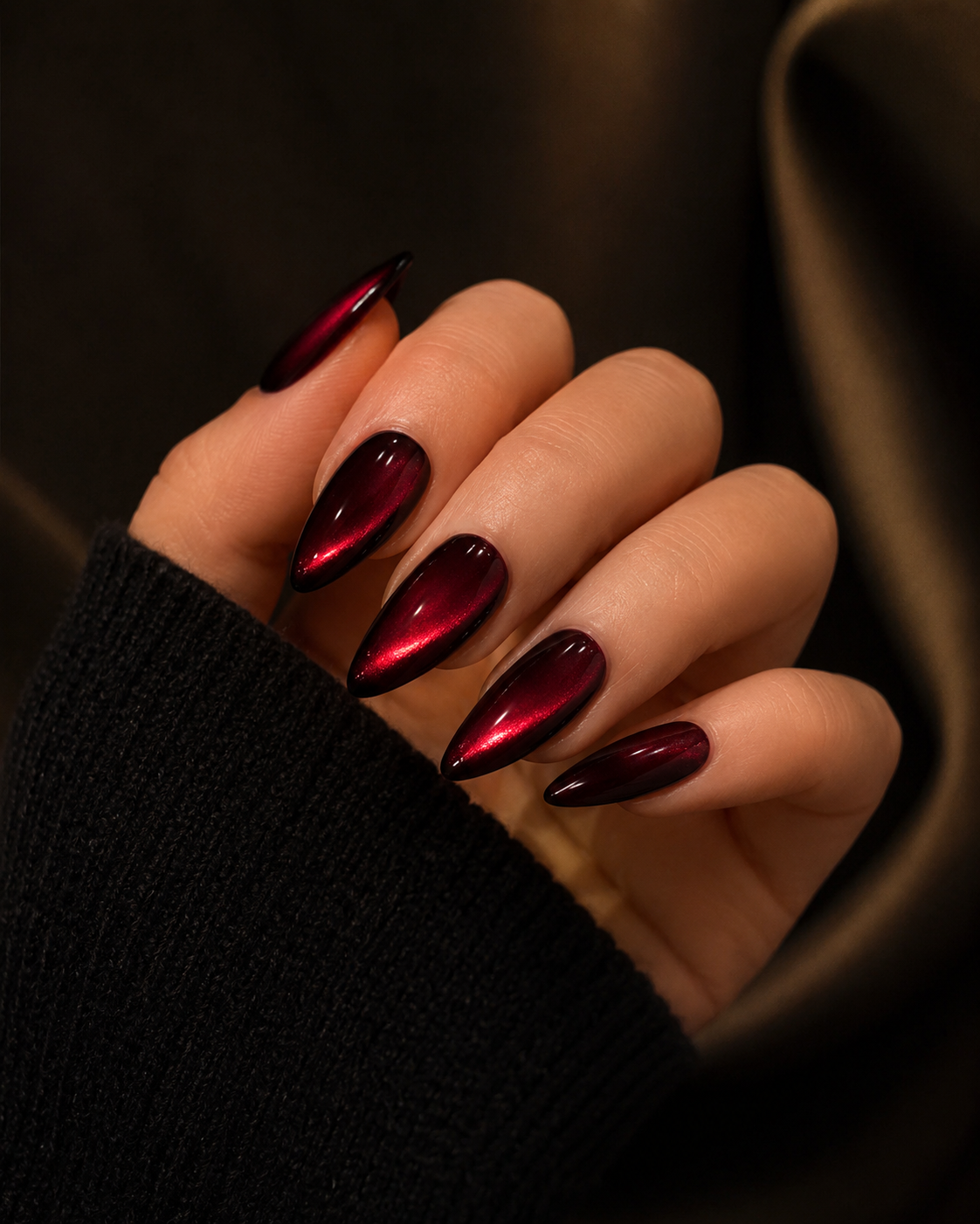 Velvet Merlot Cat Eye long almond press-on nails