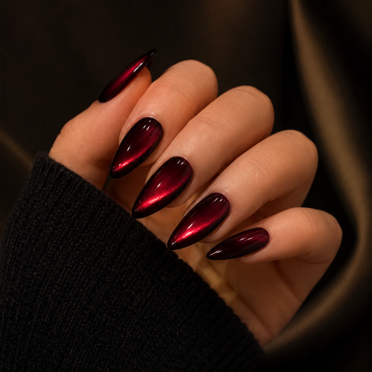 Velvet Merlot Cat Eye long almond press-on nails