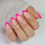 Vibrant Pink short almond press-on nails worn on a hand