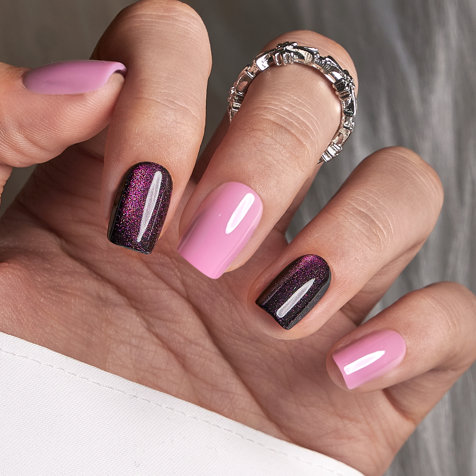 Violet Mirage short squoval nail detail